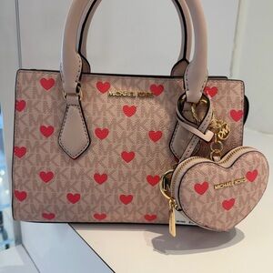 Michael Kors Pink Satchel with Red Heart Print and Heart Coin Pouch